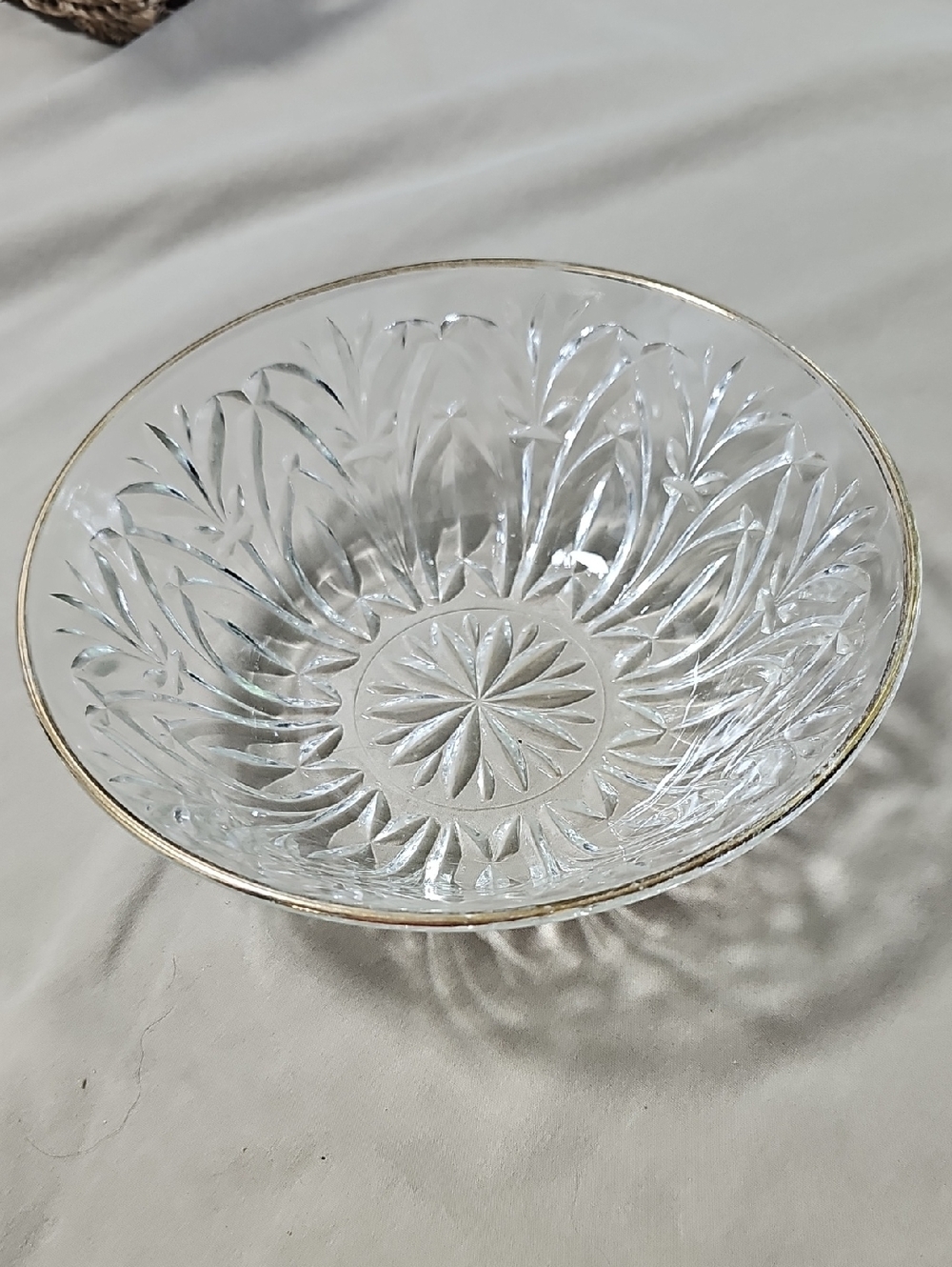 Vintage Clear Cut Glass Serving Bowl with Gold Rim